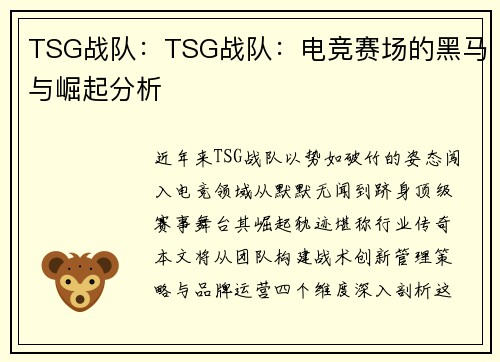 TSG战队：TSG战队：电竞赛场的黑马与崛起分析