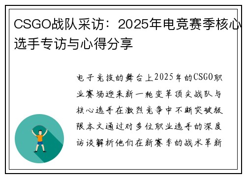 CSGO战队采访：2025年电竞赛季核心选手专访与心得分享