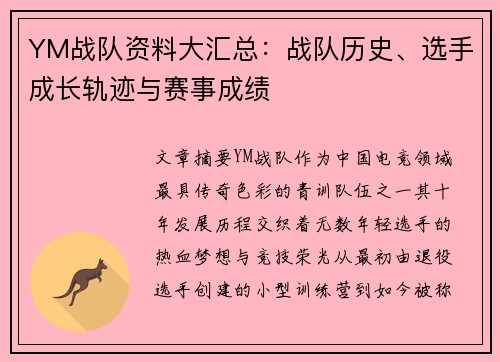 YM战队资料大汇总：战队历史、选手成长轨迹与赛事成绩